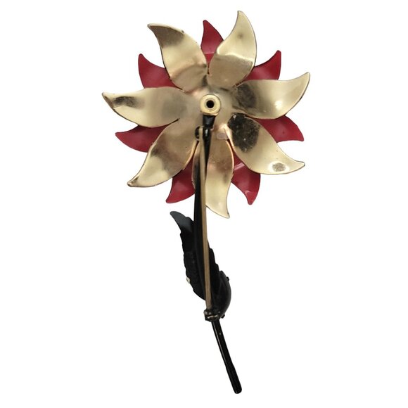 Francois Red Enamel Rhinestone Metal Stemmed Flower Brooch, Signed E957 - Picture 9 of 13